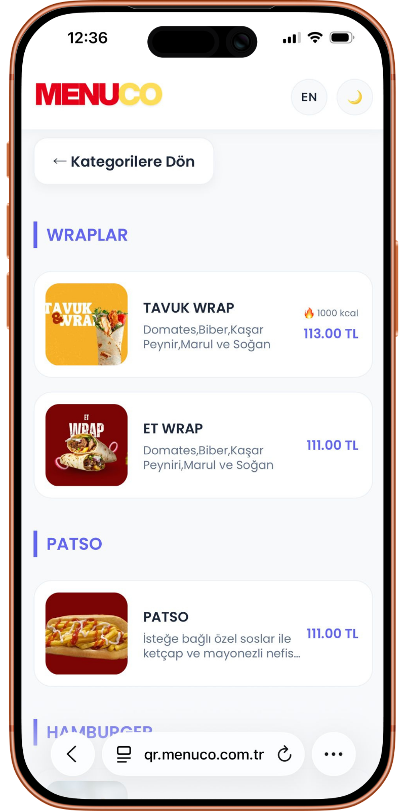 MenuCo Kalori Gösterimi Mockup